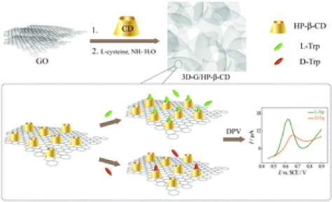 78.3D graphene/hydroxypropyl-β-cyclodextrin nanocomposite as an electrochemical chiral sensor for the recognition of tryptophan enantiomers.